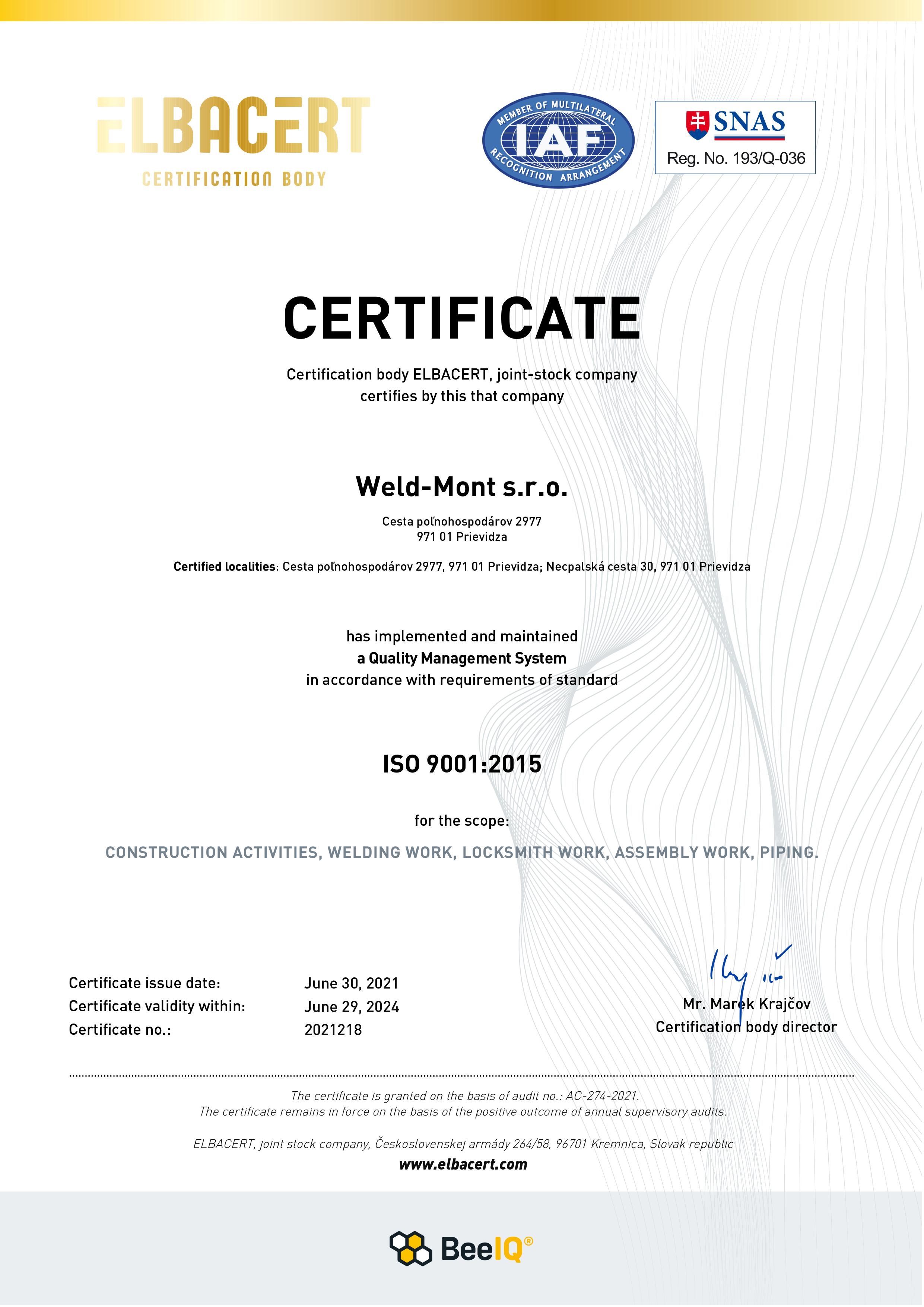 Weld Mont certificate